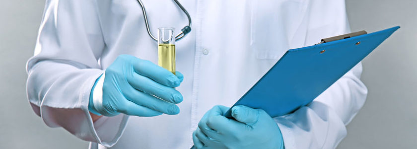 97523689 - doctor holding clipboard and test tube with urine, closeup